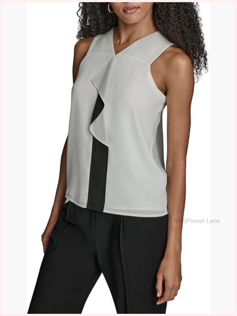 Sleeveless V-Neck Contrast Ruffle Front Woven Blouse